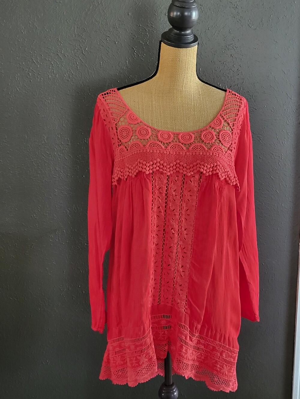 Johnny Was Red Rayon Lace Long Sleeve Shift Dress Small